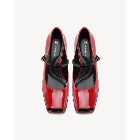 🆕 Red Women's Mary Jane Pumps, Low Block Heel, Square Toe, Adjustable Strap - Picture 5 of 5